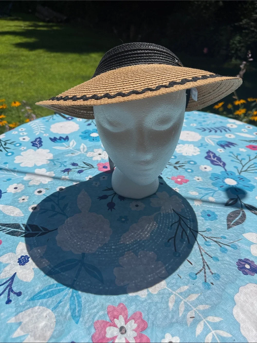 Wide Brim Straw Sun Hat with Black Trim NWT